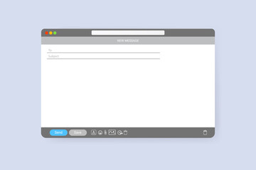 Email window template, new message grey interface mockup design. Computer desktop screen of mail isolated. Internet webpage illustration with icons. UI design template