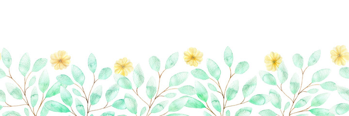 Watercolor seamless border with soft yellow flowers and twigs of green leaves, spring flowers on a white background, botanical illustration for pajamas, fabrics, dresses, cards.
