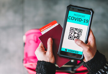 Covid Passport - Concept of the Traveling With the covid passport and QR code.