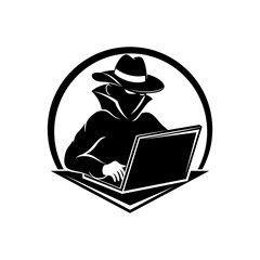 Hacker icon with laptop on white background.