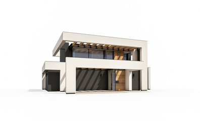 3d rendering of modern cozy house with pool and parking for sale or rent in luxurious style. Isolated on white