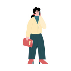 Businesswoman talking on mobile phone. Work conversation or business negotiations via smartphone. Flat vector illustration isolated on a white background.