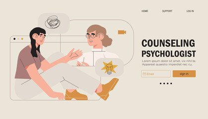 Psychological therapy counseling or online consultaion concept banner. Psycologist provide professional help to depressed person or resolve physical, emotional and mental health issues and crises.