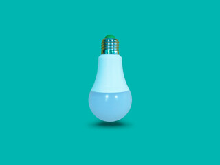 Floating white LED light bulb isolated on turquoise color background.