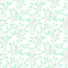 Watercolor seamless pattern with soft green leaves, spring foliage on twigs on a white background, botanical illustration for pajamas, fabrics, dresses, greeting cards.