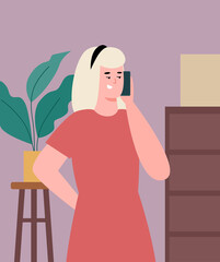 Woman talking on mobile phone. Conversation and communication of female character via smartphone. Flat cartoon vector illustration