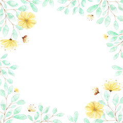 Fototapeta na wymiar A square watercolor frame with soft yellow flowers and twigs of green leaves, a composition of summer flowers on a white background, a botanical illustration for packaging, wedding decoration, cards.