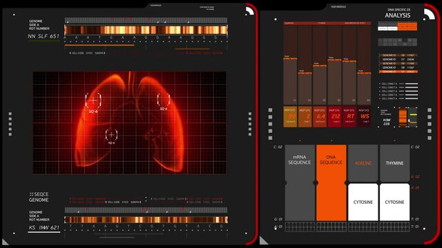 Medical HUD concept. Abstract graphs and tables of genetic research and analysis of DNA structure. Lung x-ray scan display. Alpha channel included.
