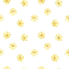 Watercolor seamless pattern with soft yellow large flower leaves, spring flowers on a white background, botanical illustration for pajamas, fabrics, dresses, greeting cards.