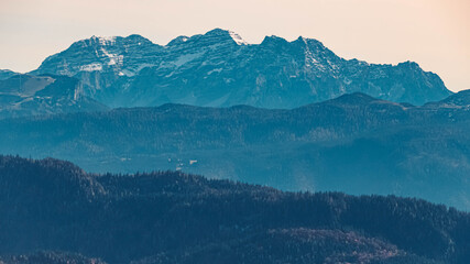 Beautiful alpine autumn or indian summer view at the famous Kampenwand summit, Aschau, Chiemgau, Bavaria, Germany
