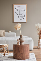 Stylish interior with design neutral modular sofa, mock up poster frames, coffee table, book,...