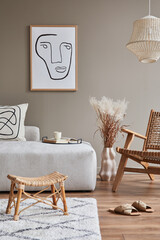 Modern concept of living room interior with design modular sofa, rattan armchair, dried flowers in...