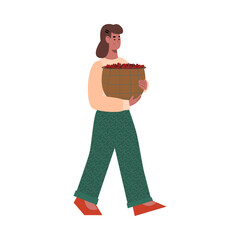 Coffee production stage. Coffee farmer carrying a bag full of coffee beans. Harvest on an agricultural farm plantation. Flat vector illustration isolated on a white background.