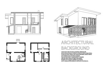 Perspective 3D, floor plan and cross section suburban house. Drawing of the modern building. Cottage project on white background. Vector blueprint.