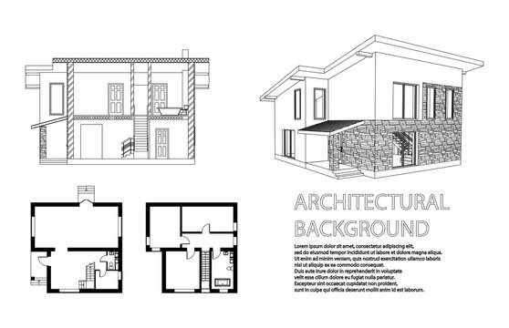 Perspective 3D, Floor Plan And Cross Section Suburban House. Drawing Of The Modern Building. Cottage Project On White Background. Vector Blueprint.