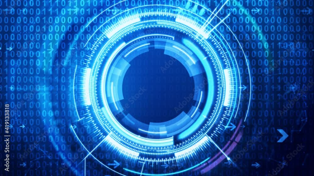 Poster Circle HUD head-up display interface with binary number 0 1 for technology cyber and futuristic concept on the dark background, with dark and grain concept