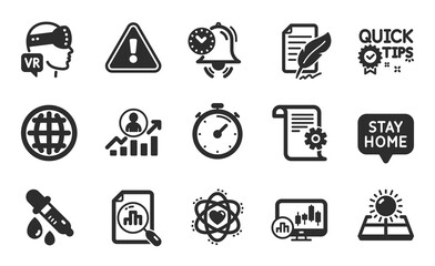 Augmented reality, Atom and Analytics graph icons simple set. Stay home, Career ladder and Globe signs. Feather signature, Candlestick chart and Sun energy symbols. Flat icons set. Vector