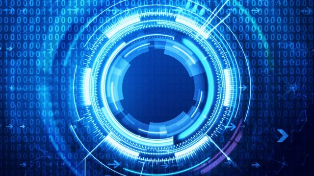 Circle HUD head-up display interface with binary number 0 1 for technology cyber and futuristic concept on the dark background, with dark and grain concept