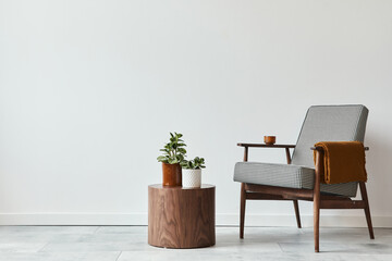 Minimalist composition of living room with design armchair, wooden stool, decoration, plants, copy...