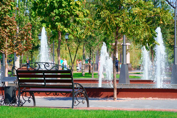 city park on a summer day, green lawns with grass and trees, path, benches and fountain, bright sunlight and shadows