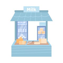 Street fairground stall with dairy farm production, cartoon vector illustration isolated on white background. Cheese and milk products on the kiosk showcase.