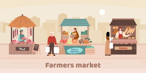Local farmer market on city street with sellers and buyers. Stalls of shops with fresh farm food - bakery products, meat, fruits and vegetables. Small business. Vector illustration