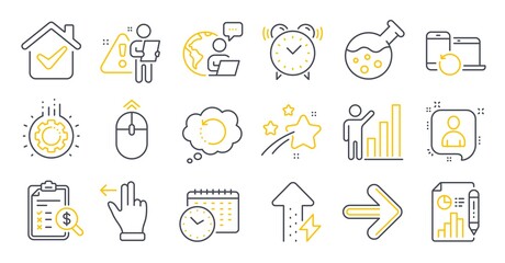 Set of Technology icons, such as Recovery data, Next, Recovery devices symbols. Calendar time, Touchscreen gesture, Accounting report signs. Swipe up, Developers chat, Chemistry lab. Gear. Vector