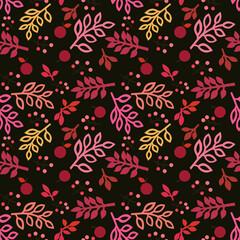 Fototapeta na wymiar Botanical multicolored seamless pattern with leaves, apples and berries on a dark .background.