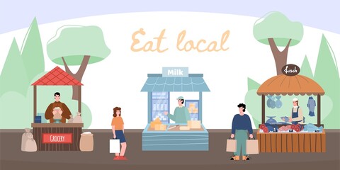 Local eat market on city street with sellers and buyers. Stalls of shops with fresh farmers food - fish, grocery, milk and dairy products. Small business. Flat vector illustration.