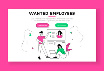 Human resources specialists browsing resumes. Line art vector illustration