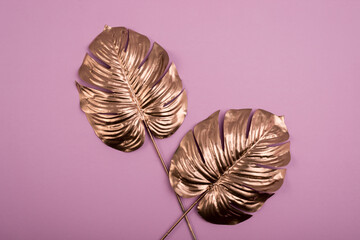 Gold Monstera leaves. Luxurious gold-painted tropical leaves top view.