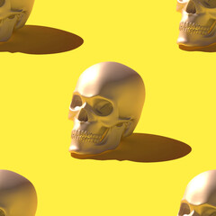 Seamless pattern of 3D render skulls over bright yellow background