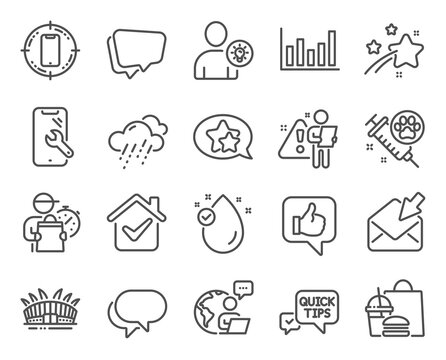 Business icons set. Included icon as Smartphone target, Smartphone repair, Quick tips signs. Talk bubble, Arena stadium, Dog vaccination symbols. Like, Star, Open mail. Vitamin e. Vector