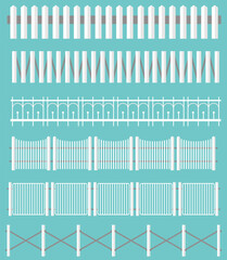 Different white fences set. Outdoor landscape. Wood and metal fence. Vector