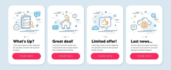 Set of Technology icons, such as Accounting report, Home, Like symbols. Mobile app mockup banners. Cloud computing line icons. Check finance, House building, Thumbs up. Internet storage. Vector