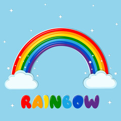 Rainbow multicolored and cloud icon, text drawn in letters on a blue sky background and stars. Vector illustration, cartoon style