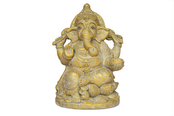A gold golden Ganesha statue is isolated on white background with a clipping path.
