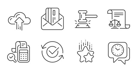 Legal documents, Bill accounting and Judge hammer line icons set. Ranking stars, Approved and Cloud upload signs. Clock, Credit card symbols. Justice scale, Audit report, Judgement. Vector