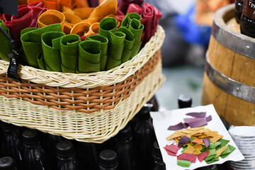 Multicolored marshmallow at the food fair.
Pastila is a confection made from dried fruit and berry puree or juice.
Natural and healthy snacks.