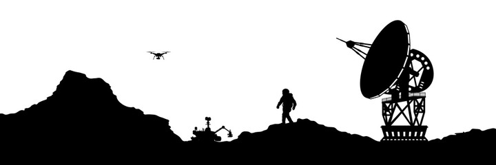 Isolated space landscape. Mars scene with astronaut, rover and antenna. Silhouette panorama. Martian colonization © shaineast