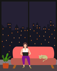 Young woman sitting on sofa working with laptop in living room at home. Vector illustration design.