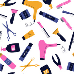 Seamless pattern with different equipment for pet care. Tools for washing, brushing, drying, grooming. Endless vector illustration with hairdressing supplies. Bright background for surface design