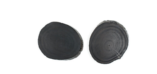 Wooden cuts. Cross section of a wooden block. Growth rings. Slabs. On a white background