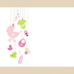 Links H&auml;ngende Babysymbole M&auml;dchen Pink Gr&uuml;n Kanten Punkte Beige