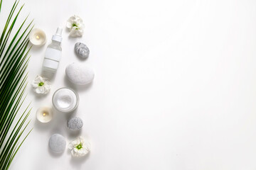 Composition with symbolic objects for spa salon. Stone therapy attributes for cosmetic procedures....