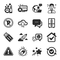 Fototapeta premium Set of Business icons, such as Refrigerator, Usb flash, No parking symbols. Message, Pet shampoo, Support consultant signs. Smile, Capsule pill, Reject access. Startup rocket, Cloud upload. Vector