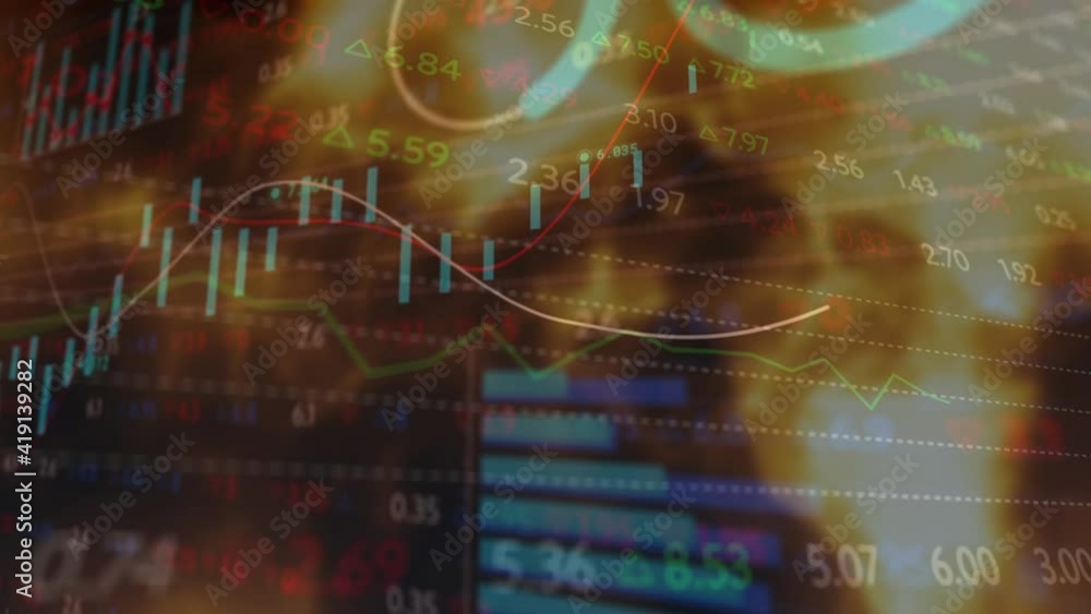 Poster digital composite video of stock market data processing against fire in background