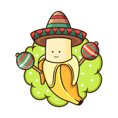 Cute Banana Play Music Cartoon. Fruit Vector Icon Illustration, Isolated on White Background