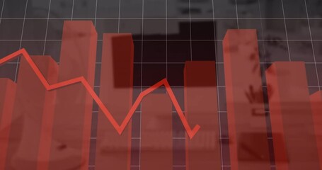 Red graph moving over statistical data processing and grid network against empty office - Powered by Adobe