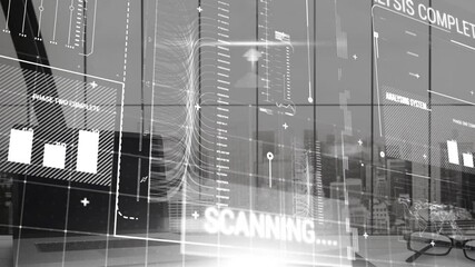 Digital composite video of digital interface with data processing against empty office